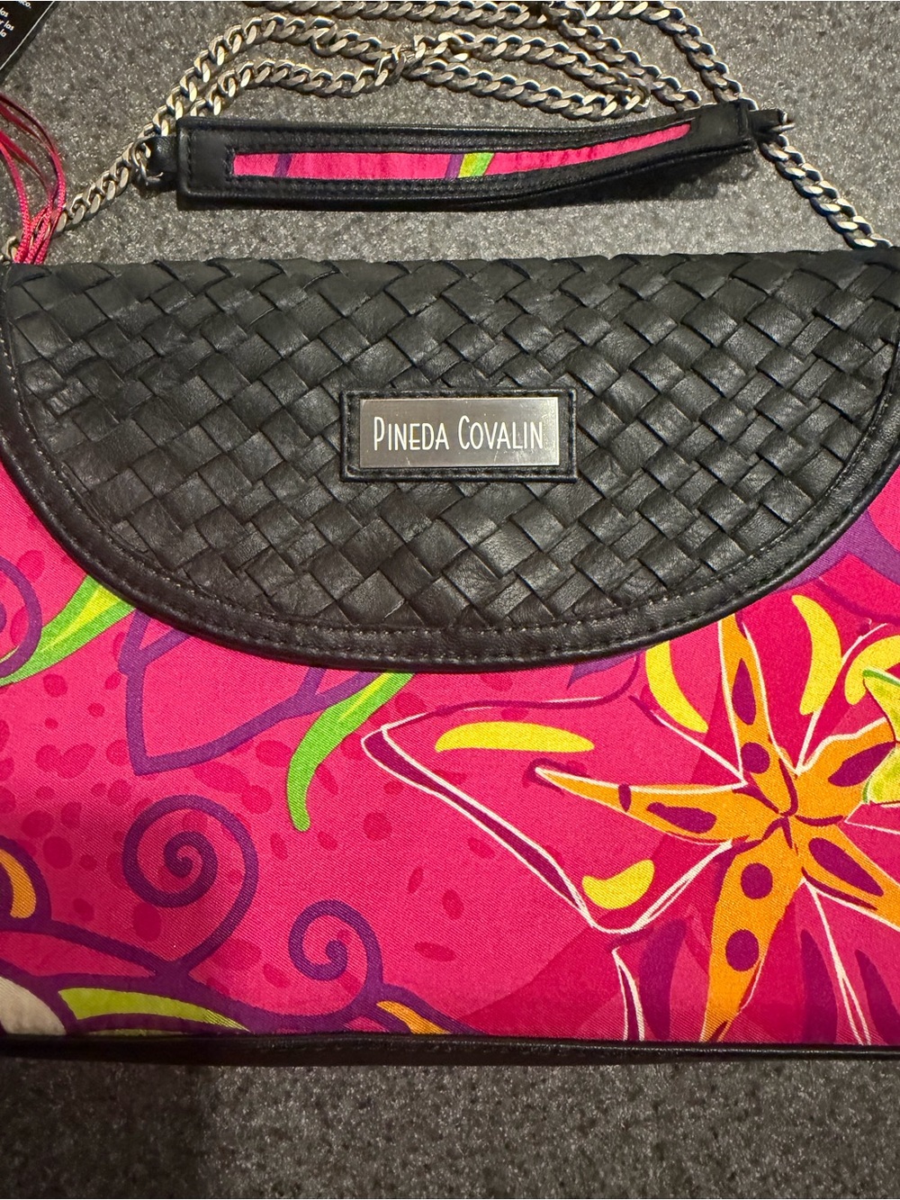 Pineda Covalin Exotic Fruits Silk Shoulder Bag Pink Floral Chain - Picture 2 of 16